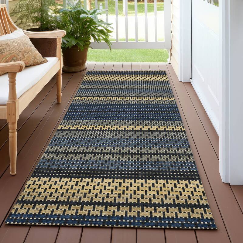 Machine Washable Indoor/ Outdoor Boho Stripe Chantille Rug - Navy - 2'3" x 7'6"