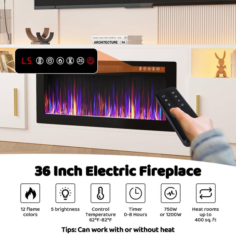 BOSSIN 80" Modern Electric Fireplace TV Stand with 20-Color LED Lights, Fits Up to 90" TV, Adjustable Shelves & Storage Cabinets