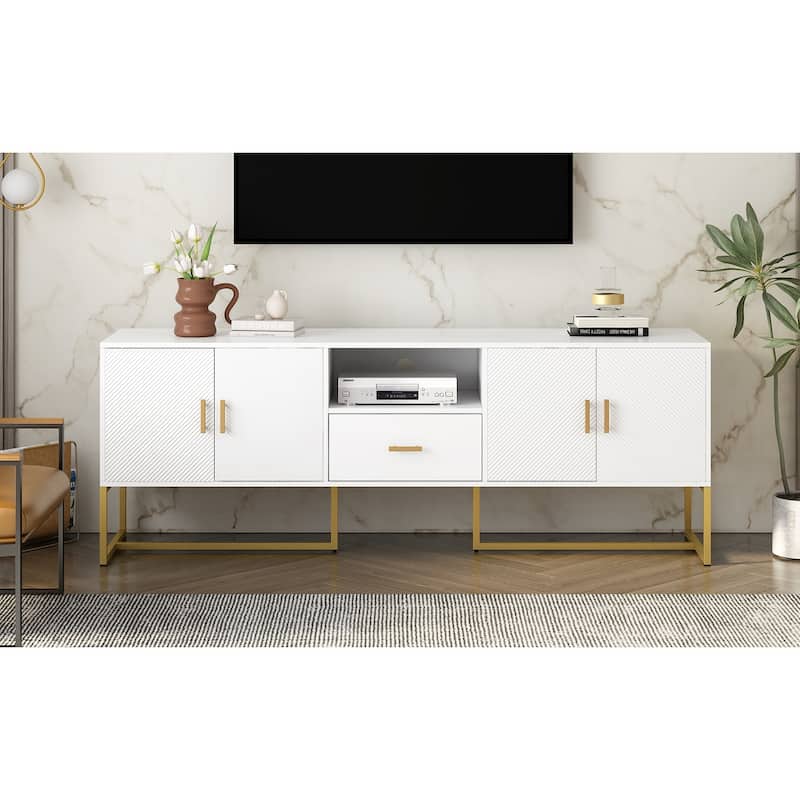 Wooden TV Stand with Irregular Legs Rectangular Decorative Media Center with Storage 4 Doors TV Cabinet for TV up to 70"