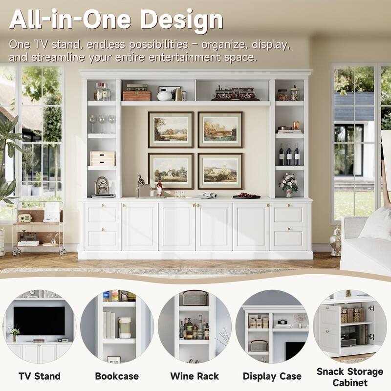 Mid-Century Modern Wall Unit Entertainment Center With Bookshelf For Tvs Up To 70", 94.8" TV Stand With Adjustable Shelf