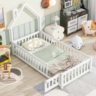 Twin Pine Wood House-Shaped Headboard Floor Bed w/Fence & Guardrails