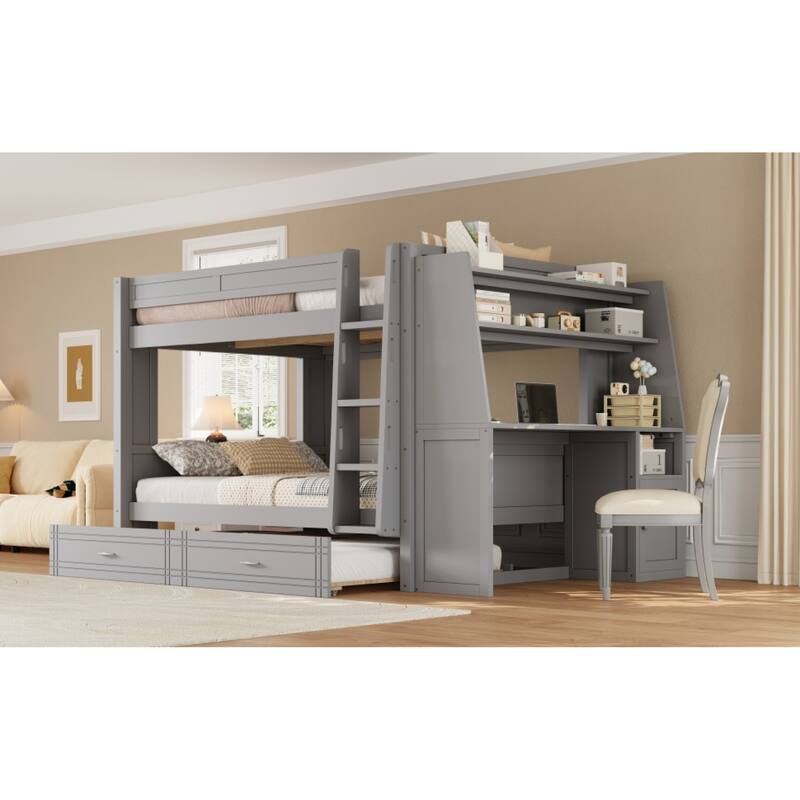 Roomfitters Full Over Full Bunk Bed with Built-In Desk, Bookshelves and Trundle