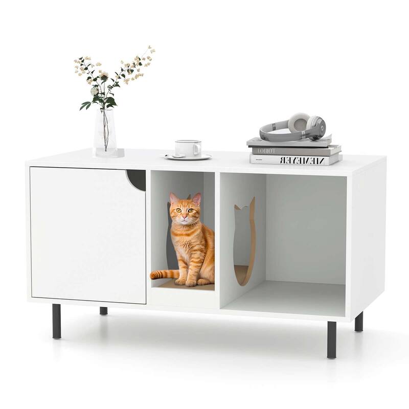 Costway 40" Hidden Cat Washroom with Storage Removable Scratcher Metal - See Details - Black+White
