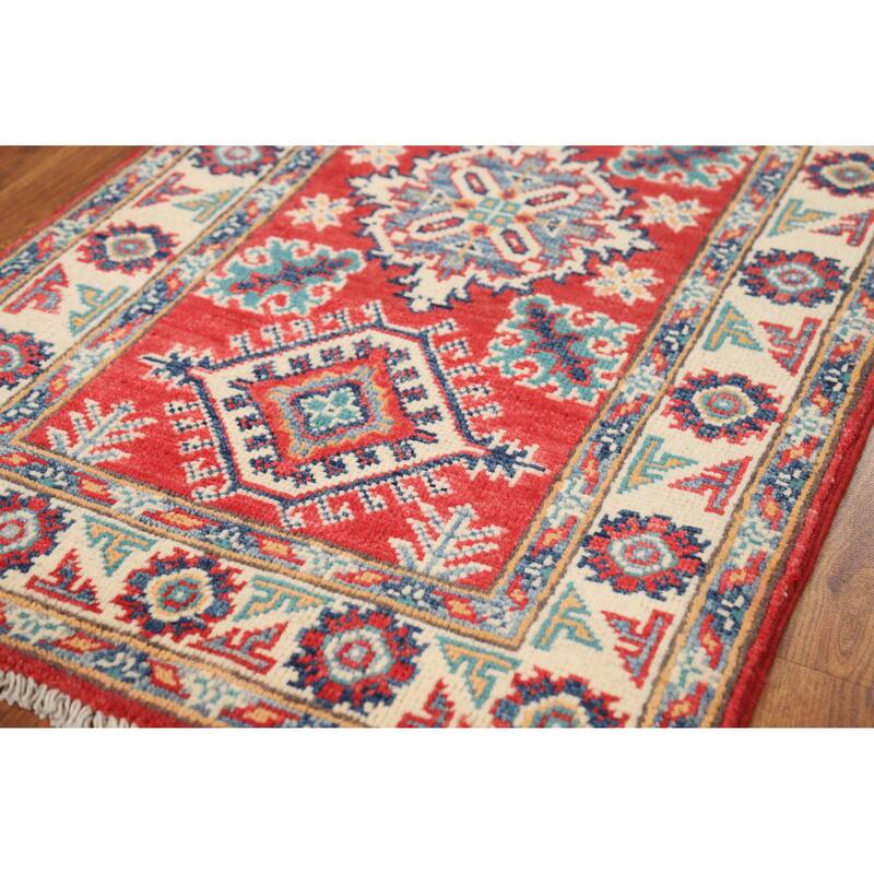 Red Geometric Kazak Accent Foyer Rug Hand-Knotted Wool Carpet - 2'0"x 3'0"