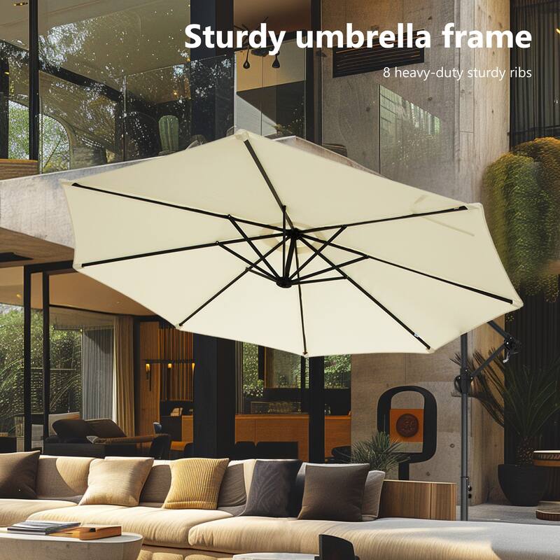 MAISON ARTS 10ft Patio Offset Umbrella Cantilever Umbrellas Market Hanging Umbrella with Crank Handle & Base Include - White-No Weights