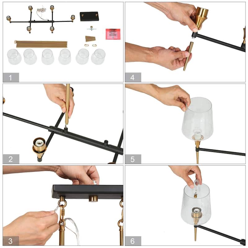 Mid-Century Modern 6-Light Black Gold Linear Chandelier Glass Island Lights for Dining Room