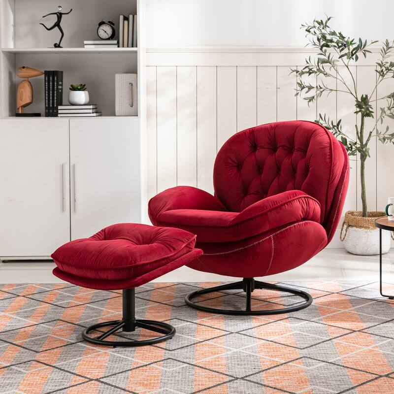 Velvet Swivel Accent Chair with Ottoman & Metal Legs (360° Rotation)