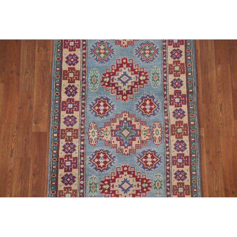 Hand Knotted Oriental 100% Wool Carpet Traditional Geometric Navy Blue & Blues Kazak Area Rug - 6' 4'' X 2' 9''