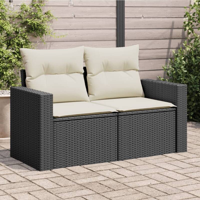 vidaXL Patio Sofa with Cushions 2-Seater Modular Couch Loveseat Poly Rattan - 24.4 x 51.6 x 27.2 in - Black and cream without storage
