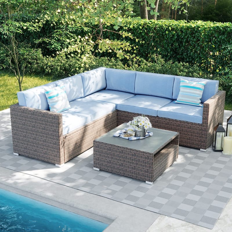 4-Piece Patio Conversation Set Patio Furniture Set With Thick Cushions,Outdoor Sectional Sofa Outdoor Wicker Sofa W Coffee Table - 81"L x 81"W x 25.6"H - Blue