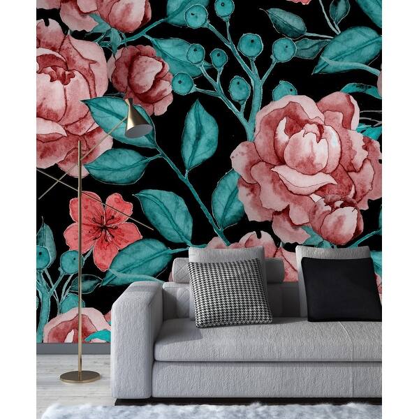 Dark Wallpaper with Red Flowers Peel and Stick and Prepasted Bed Bath