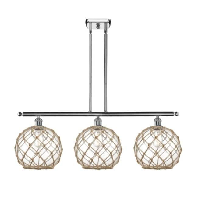 Innovations Lighting Large Farmhouse Rope 3 Light 36" Wide Linear - Polished Chrome / Clear Glass with Brown Rope