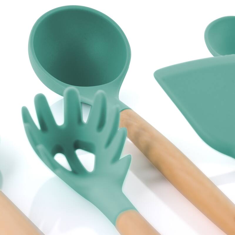9 Piece Silicone and Wood Cooking Utensils in Turquoise