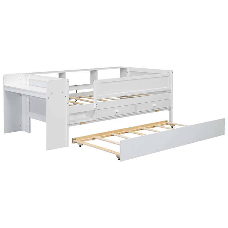 Multi-Functional Twin Daybed with Storage, Trundle, Desk, and USB Charging Station, White