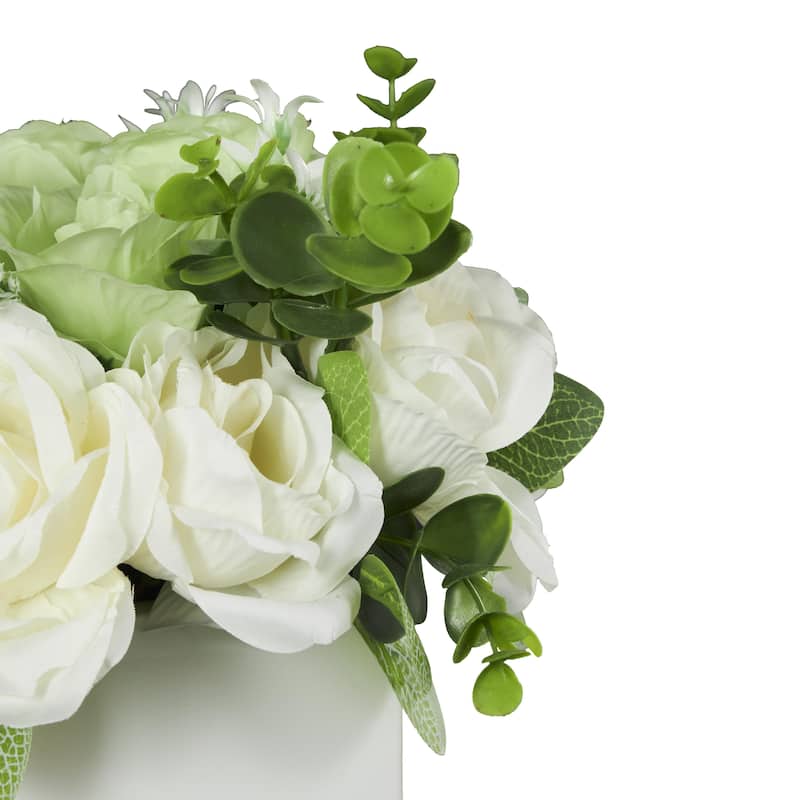 Fabric Artificial Flower with Green Leaves and Square Ceramic Vase - White - Roche River Decor
