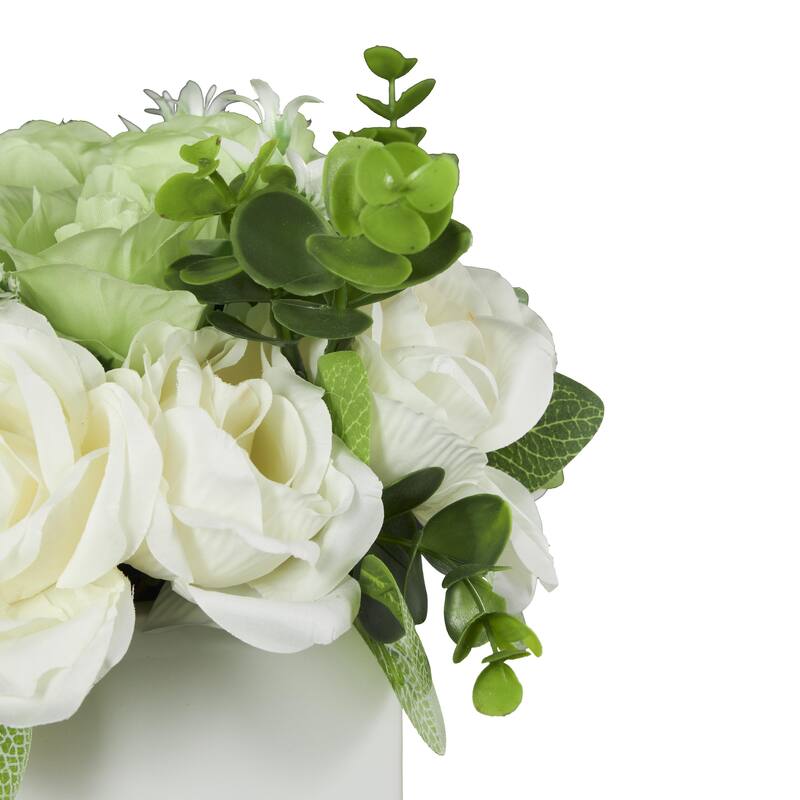 White Fabric Artificial Flower with Green Leaves and Square Ceramic Vase