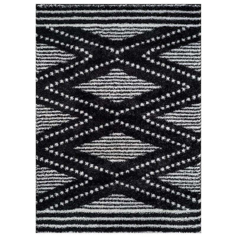 Geometric Shag Area Rug - Durable for Living Room, Bedroom - Polyester with Jute Backing - Anthracite Dark Gray and White