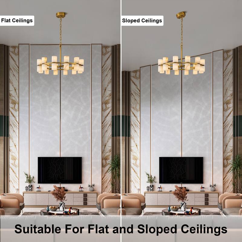 Modern Alabaster Glass Chandelier, Round or Linear Pendant Light with Up & Down Shades, D600-L1370, Copper or Black Finish