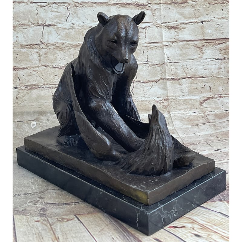 Signed Barye Bear Attacking Eagle Bronze Sculpture Marble Base Figurine Statue