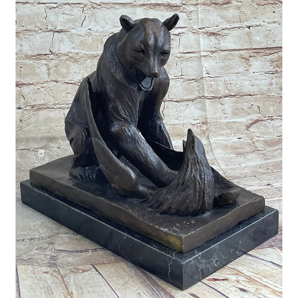 Signed Barye Bear Attacking Eagle Bronze Sculpture Marble Base Figurine Statue