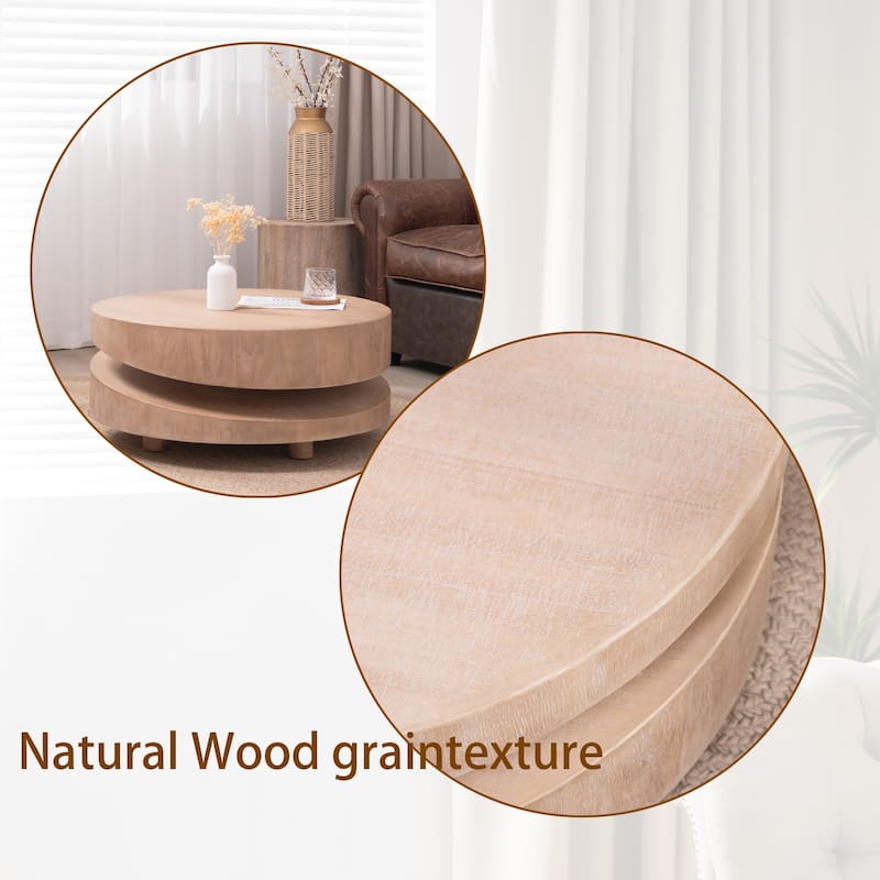 Round Wooden Carve Coffee Table End Table with Asymmetrical Two-tier Silhouette, Accent Table Dining Table with Lift-Top Lid