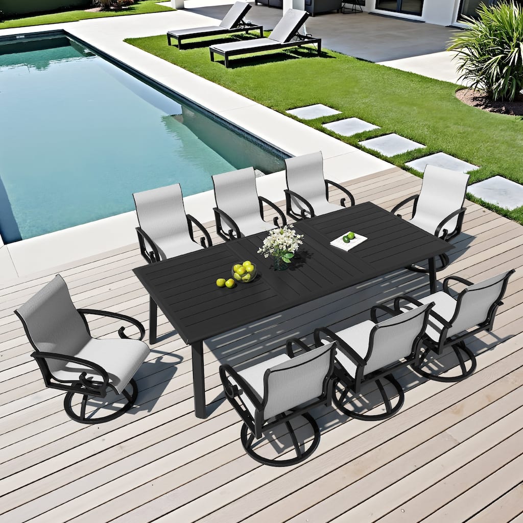 7/9-Piece Aluminum Patio Dining Set Sunbrella Swivel Chair and Dining Table with Umbrella Hole