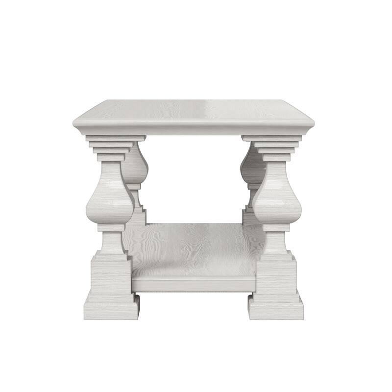 Solid Wood Coffee Table with Storage Shelf, White Washed Rustic Living Room Center Table