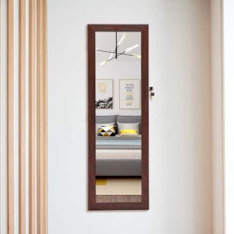 43.3in. Brown MDF Jewelry Armoire Simple Mirror Cabinet with Storage