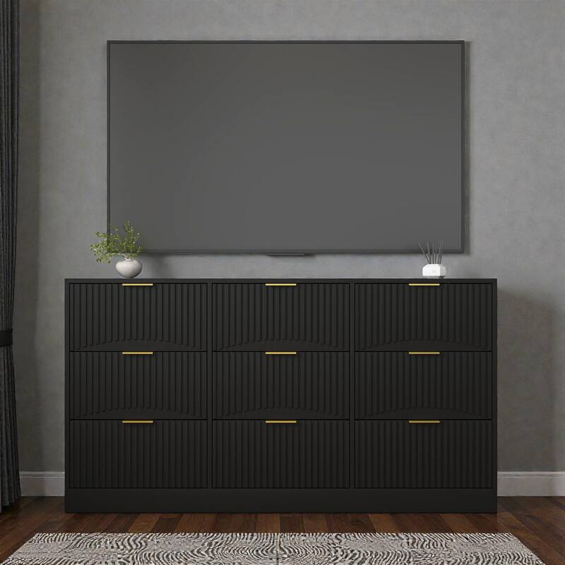Modern 9 Drawer Dresser with Wavy Drawer Fronts, 63 Inch Wide Wooden Chest of Drawers for Bedroom Living Room