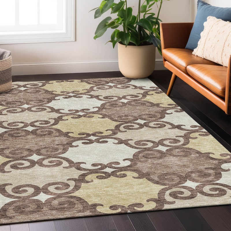 Machine Washable Indoor/ Outdoor Chantille Traditional Scroll Rug