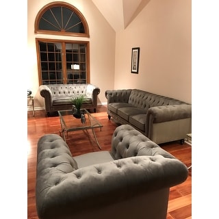 Abbyson Grand Chesterfield Grey Velvet 3 Piece Living Room Set - Free