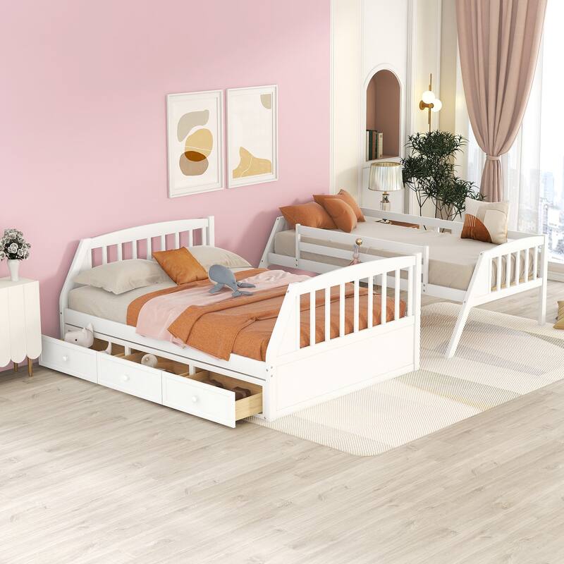 White Twin-Over-Full Bunk Bed with Storage Drawers and Staircase