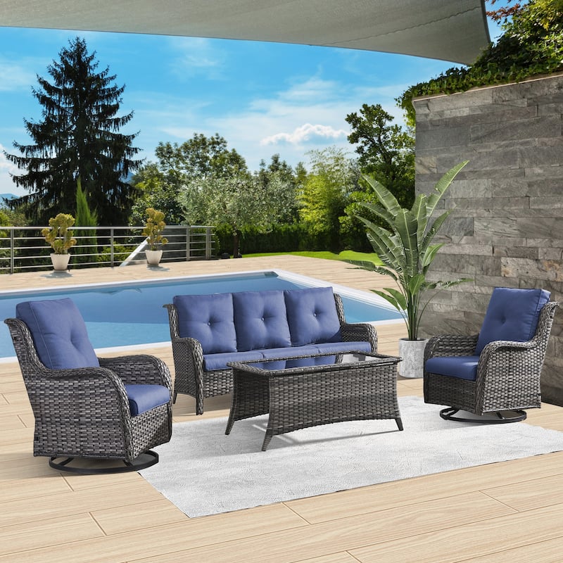 Patio Sofa with Swivel Rocking Chair - Grey - Blue