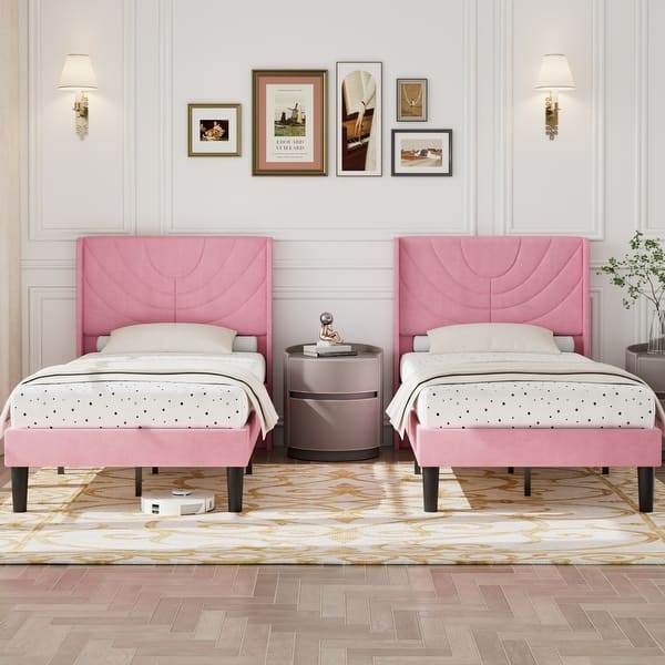 slide 2 of 29, Javlergo Set of 2 Twin Size Adjustable Headboard Kids Platform Bed Frame 8 Inch Underbed Storage No Box Spring Needed Bed Frame Pink - Twin