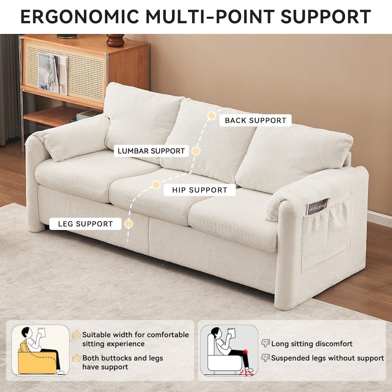 Minimalist Ergonomic 3-Seater Sofa Couch with Armrests, Ivory White Sleeper Sofa Couch for Living Room Bedroom