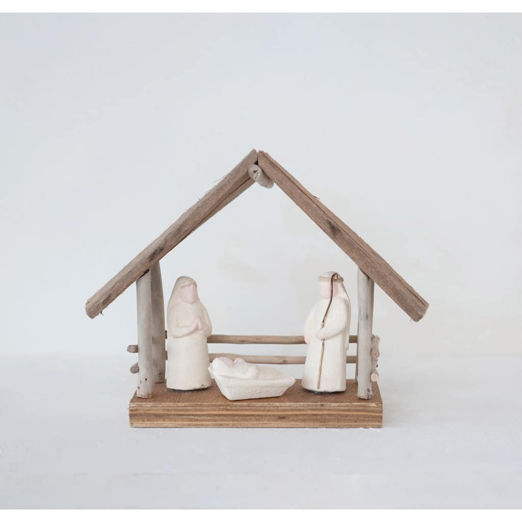 Handmade Driftwood and Paper Mache Nativity with Wood Base - Natural