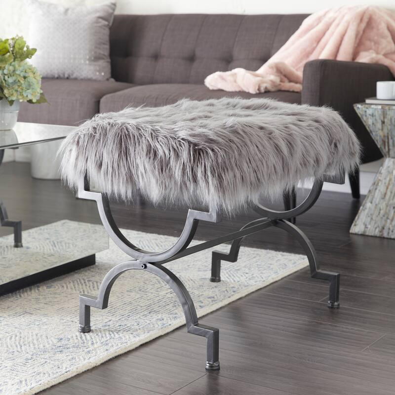 Grey or White Gold Metal Frame Plush Fabric Glam Vanity Bench Stool
