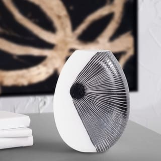 Allan Andrews Contemporary Glossy White Blown Glass Vase with Black Rays