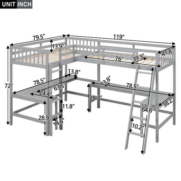 Style and Functional Design Wood Loft Bed with Solid Construction, 2 Built-in L-Shaped Desks, Twin Size, Grey