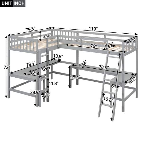 dimension image slide 1 of 2, Wood Twin Size L-Shaped Loft Kids Bed Frame with Ladder, 2-Built-in Desks, No Box Spring Required, Easy to Assemble, Grey