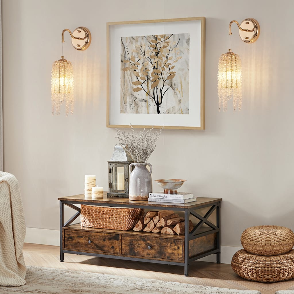 Set of 2 Gold Wall Sconces - Cascading Crystals - E12 - Living Bedroom(Bulb Not Included)