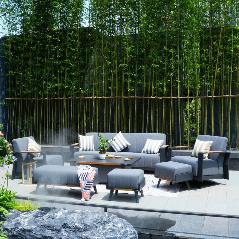 7-Piece Patio Acrylic Sponge Sofa and Chair Set with Table and Bench - Grey