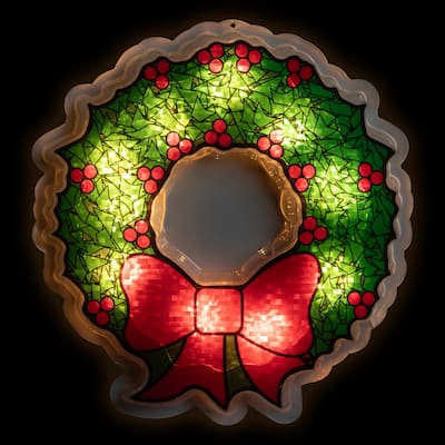 11" GreenRed Lighted Wreath Christmas Window Silhouette Decoration