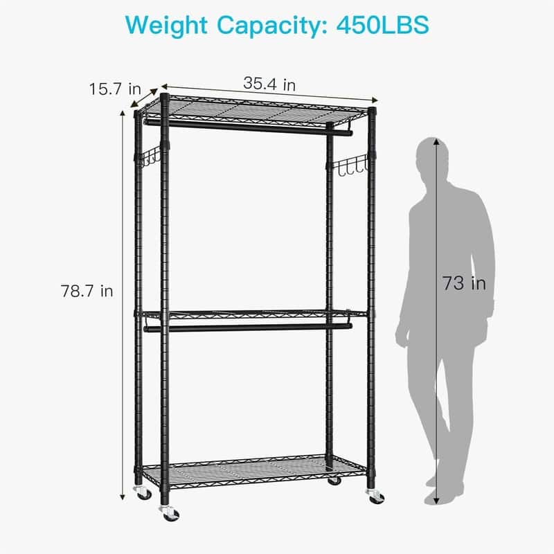 3 Tiers Heavy-Duty Rolling Garment Rack - 15.7"D x 35.4"W x 78.7"H