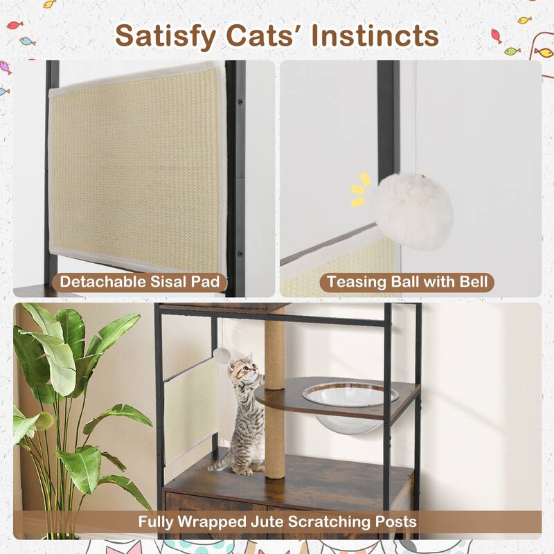 Gymax Cat Tree w/ Litter Box Enclosure w/ Hidden Washroom Scratching