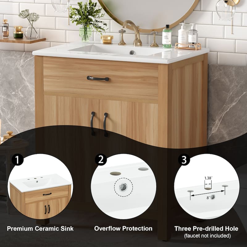 30'' Bathroom Vanity with Sink, Solid Wood Frame, 2 Soft-Close Doors, 1 Drawer & Adjustable Shelf, Modern Cabinet