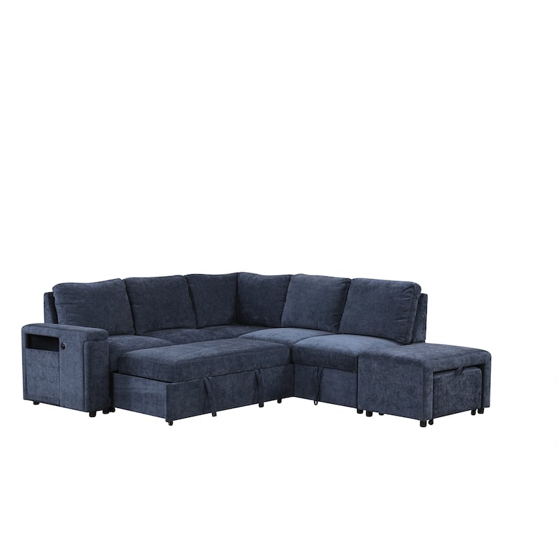 Convertible Sleeper Sectional Sofa with Pull-Out Bed & Storage, L-Shape Modular Sofa with Ottoman, USB Ports & Cup Holders