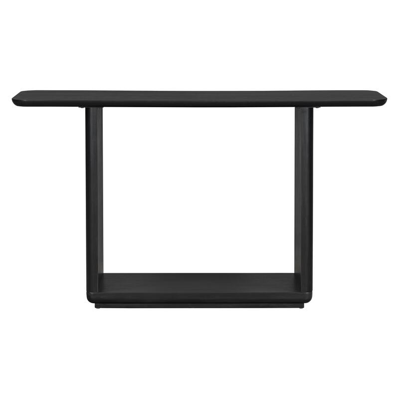 Natural Wood Veneer Console Table, with Curved Corners and Open Storage Shelf, U-Base Design Accent Table Hallway Tables
