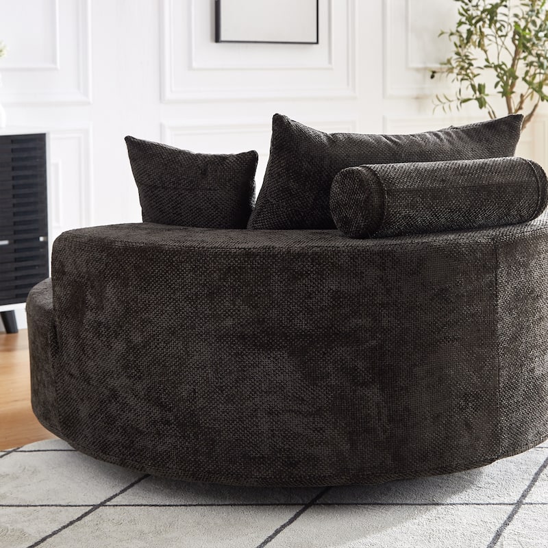 Oversized Swivel Barrel Chair, Chenille Upholstered Round Armchair, Single Sofa Chair with Headrest & 3 Cozy Pillows