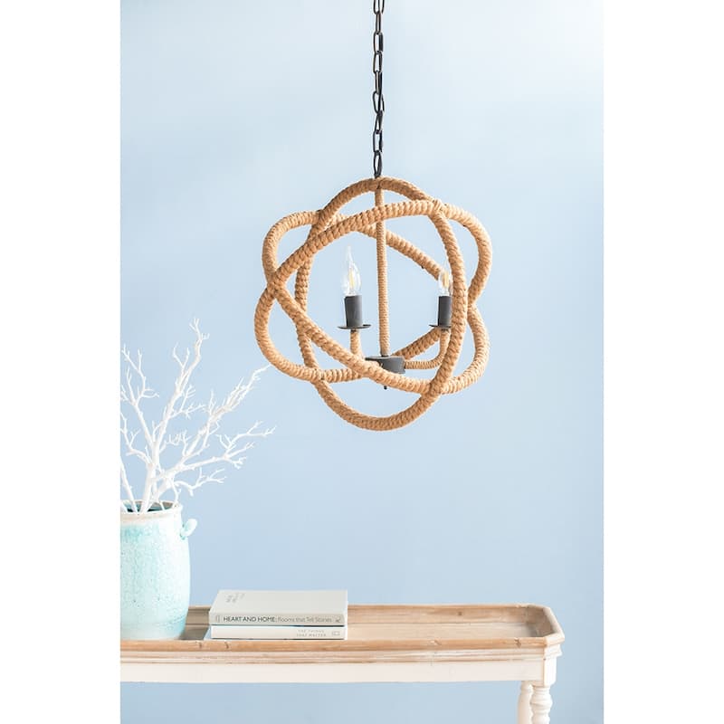 3- Light Farmhouse Chandelier, Rope Chandelier Globe Hanging Light Fixture with with Adjustable Chain, Bulb Not Included